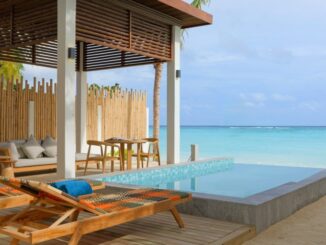 海滨度假村露台，配有躺椅、木制躺椅、游泳池和碧绿的海水。.